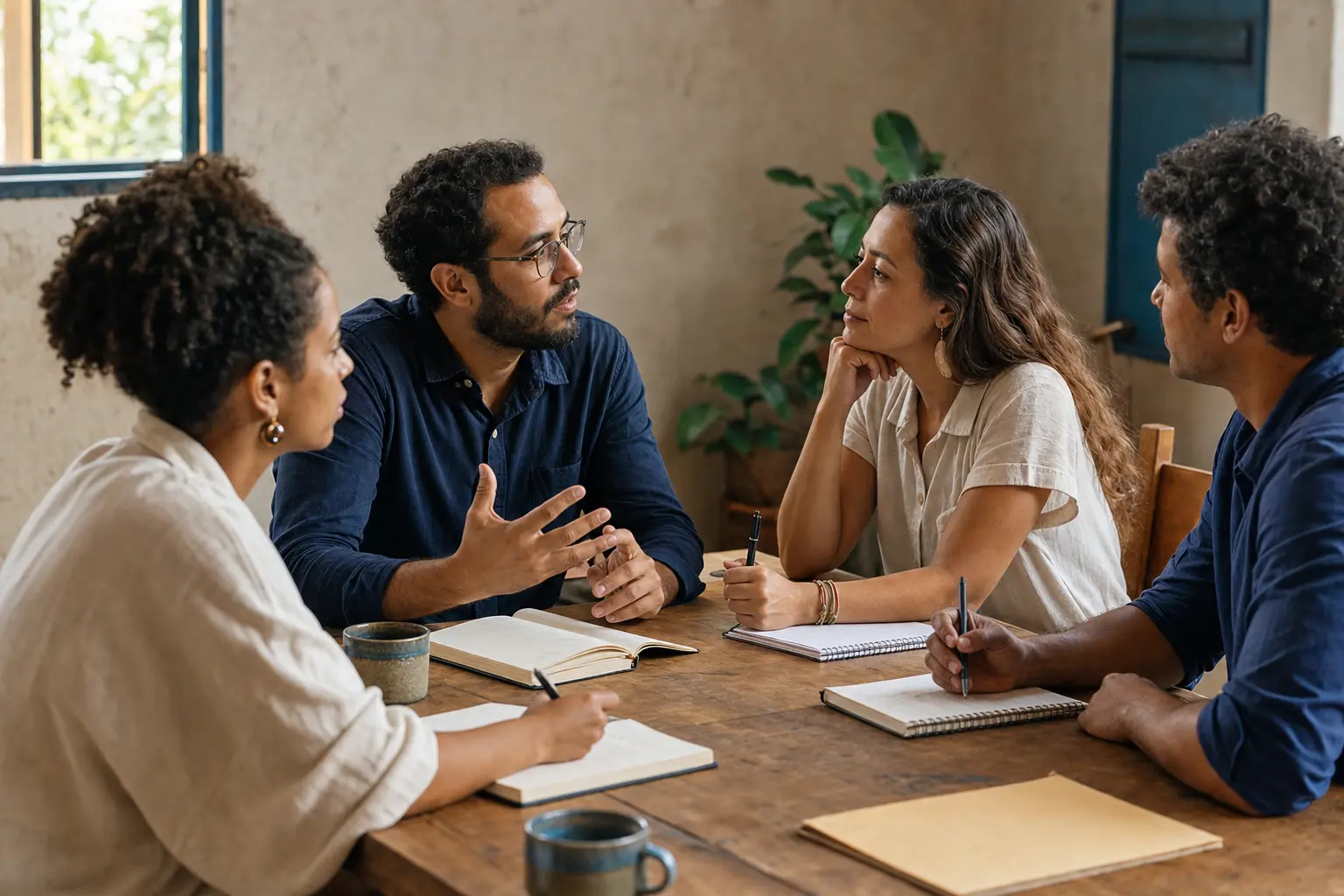 Empreendedores reunidos em uma conversa de acompanhamento